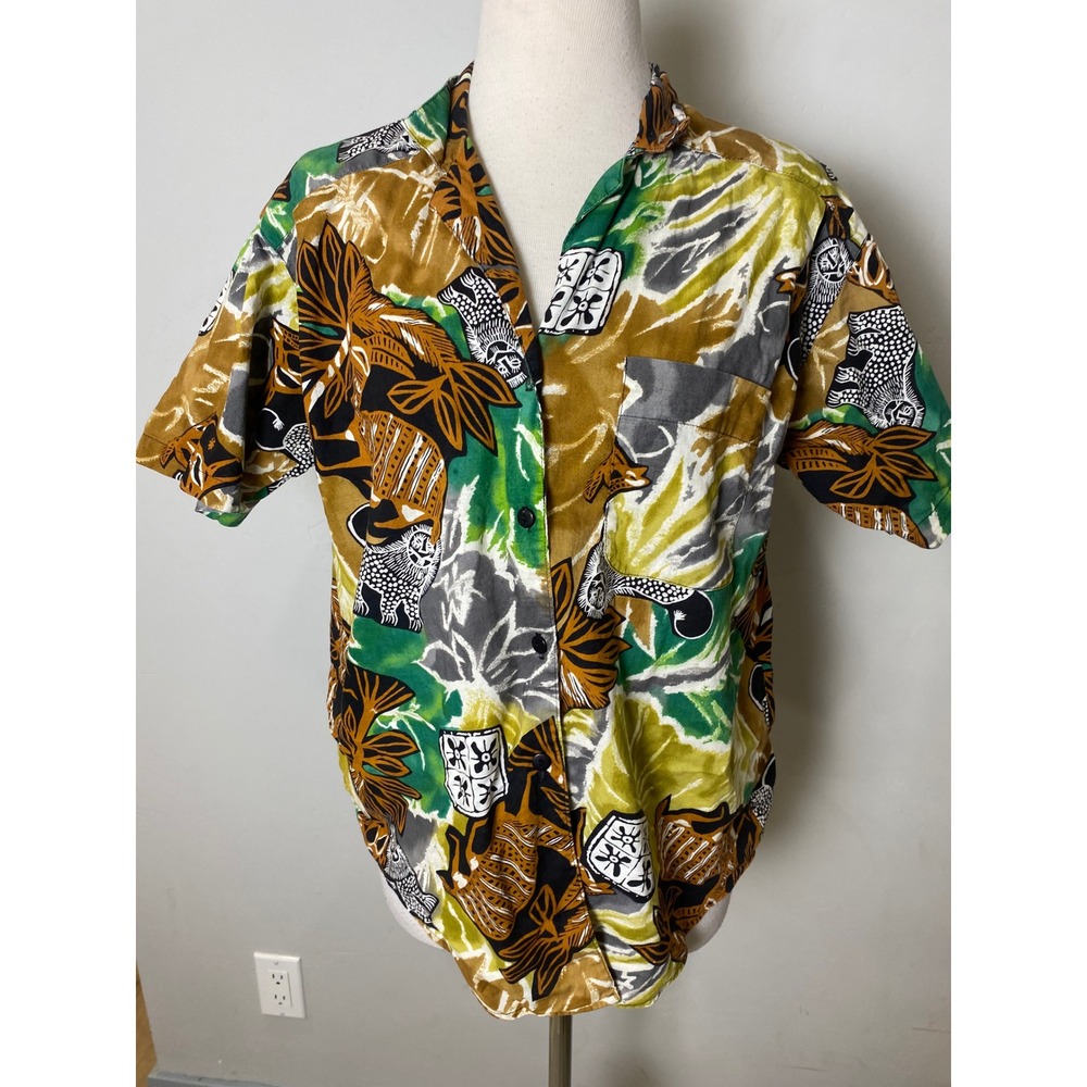 Vintage 90s Sandra Ingrish Sport Tropical Batik Print Button Down Shirt Green M